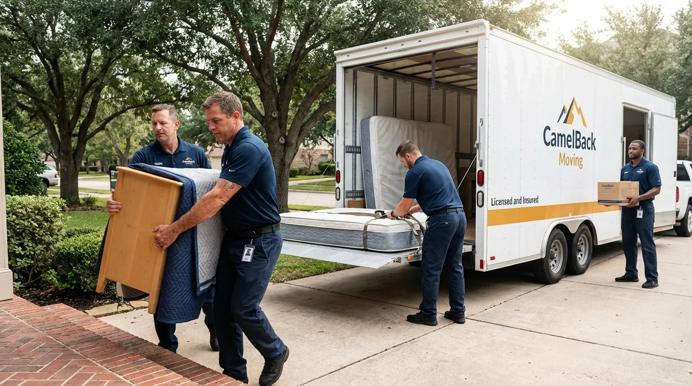 Crew loading residential truck for cross-state move from Dobson, NC