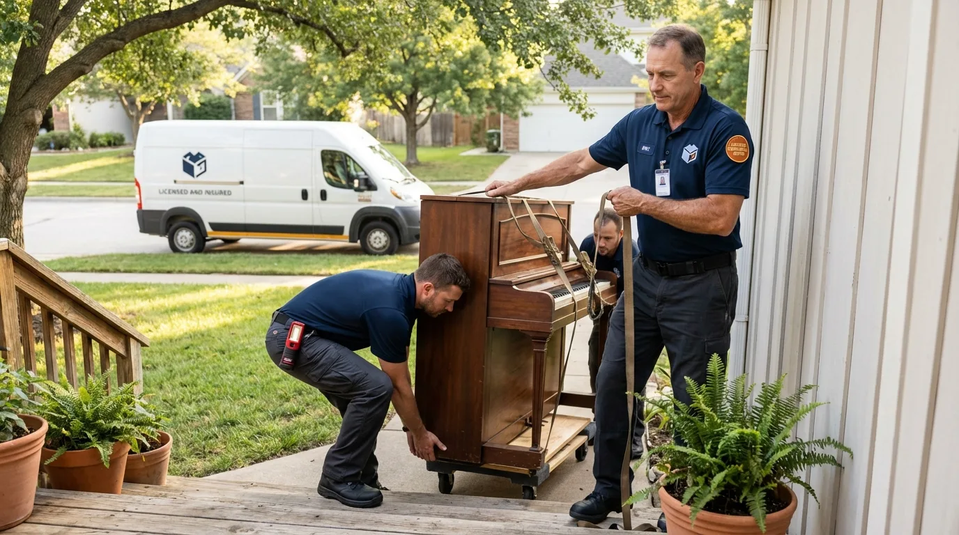 Licensed piano movers securing grand piano in Dobson, NC