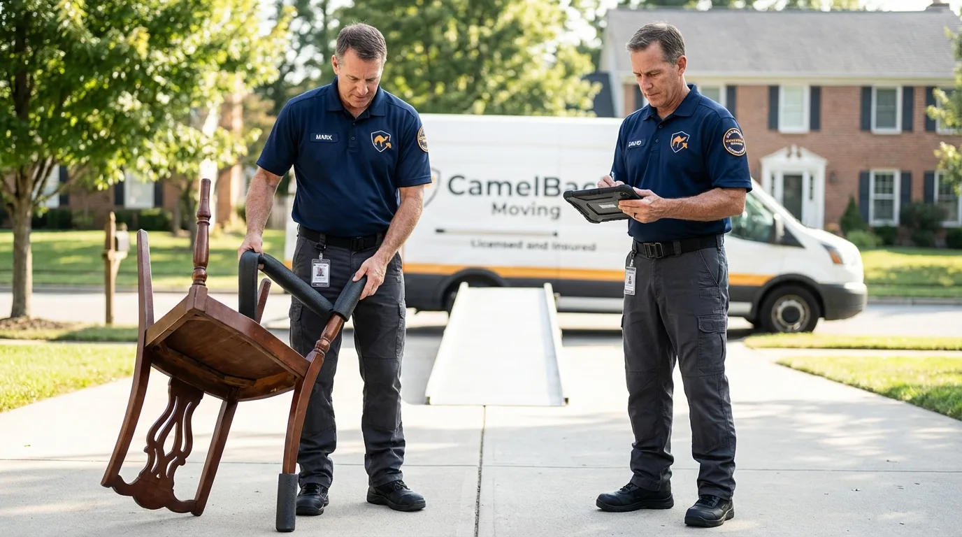 Movers inspecting furniture for damage prevention before loading in Dobson, NC